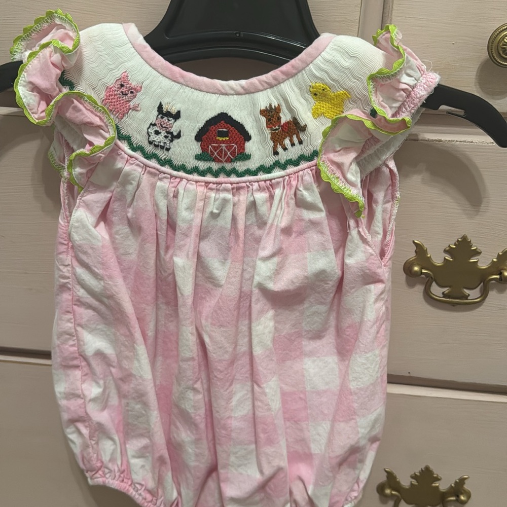 Pink Gingham Baby Smock Romper with Farm Animal Embroidery